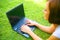 Young Caucasian Woman Using Laptop Outdoor