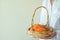 Young caucasian woman in white linen cotton shirt holds in hands wicker basket with small orange heirloom pumpkins