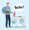 Young character holding a laundry basket. Laundromat. Detergent. Daily chores concept