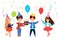 Young character kid celebrate birthday party, children hold birth cake, congratulation child flat vector illustration