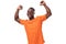 young charismatic positive American guy with a short haircut dressed in an orange T-shirt on a white background