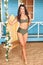 Young charming brunette woman in bikini standing at swing at beach hut