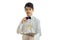 Young charming waiter in a white shirt holding a tray with two glasses of champagne