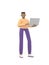 Young cheerful african guy stands in the hands of a laptop. Positive character in casual colored clothes isolated on a white