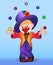 Young cheerful clown juggles balls