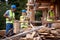 Young cheerful construction workers working on wooden house construct. Teamwork. Wooden Skeleton Framing Building. Construction