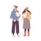 Young cheerful couple singing xmas carols together. Happy singers performing christmas hymn in holiday hats. Flat vector