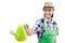 Young cheerful gardener with watering can