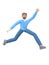 A young cheerful guy with a beard in glasses dances, jumps, levitates and flies. Positive character in casual colored clothes