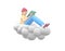 Young cheerful hipster girl in a hat in the sky on a cloud is reading a book. Literature fan in casual colored clothes isolated on