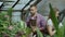 Young cheerful man in apron watering plant and chat with woman in gloves loosen ground in flowers in greenhouse