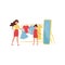 Young cheerful mother and her daughter shopping. Woman and child choosing dress in clothes shop. Flat vector design