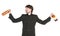 Young cheerful priest with bottle of alcohol isolated