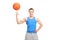 Young cheerful sportsman spinning a basketball