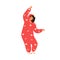 Young cheerful woman in hooded kigurumi dancing at pajama party. Female character having fun in cozy cute homewear. Flat