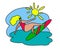 Young cheerful woman on a surfboard. Cartoon. Surfing. Active rest at the sea. Vector