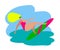 Young cheerful woman on a surfboard. Cartoon. Surfing. Vector