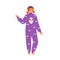 Young cheerful woman wearing cozy pajamas. Female character in comfortable cute homewear. Flat vector cartoon