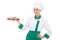 Young chef or baker woman in uniform holding tray with muffins i