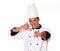 Young chef with call gesture pointing