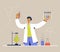 Young chemist with beakers, laboratory tube. Scientist is experimenting. Man researcher in uniform busy in lab