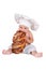A young child is eating a big loaf in a chef suit on a white background.