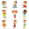 Young Children Dressed In Cute Kids Fashion Clothes, Set Of Illustrations With Kids And Style