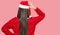 Young chinese woman wearing christmas hat backwards thinking about doubt with hand on head