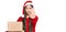 Young chinese woman wearing christmas hat holding delivery package with open hand doing stop sign with serious and confident