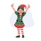 Young christmas elf kid is doing thumbs up. Vector illustration