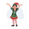 Young christmas elf kid is showing something. Vector illustration