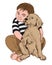 Young chubby boy hugging with a dog. Friendship with pets idea