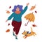 Young chubby woman celebrating autumn with her dog