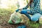 Young cleanup volunteer collecting trash in the forest