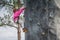 Young climber learning to climb the wall