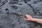 Young climber man hold rope at carabiner