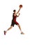 Young competitive guy, basketball player in uniform playing, training isolated over white background. Full-length. Sport