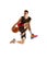 Young competitive guy, basketball player in uniform playing, training isolated over white background. Sport concept