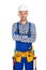 Young confident construction worker in uniform and tool belt wit