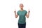 young confident slender woman dressed in green basic t-shirt with print mockup draws attention