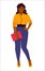 A young, confident slightly plump woman in blue jeans and a bright yellow blouse with a pink clutch. Flat vector