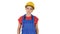 Young construction woman in hardhat walking on white background.