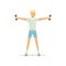 Young cosmonaut doing physical exercise. Cartoon man character standing with feet hip-distance apart and raising arms