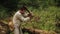 Young countryman woodcutter in traditional ukrainain clothes chopping wood in the green forest of Carpathian mountains