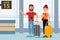 Young couple in airport terminal. Tourists with suitcases. Family traveling. Passengers with baggage. Flat vector design