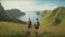 young couple bagpacker hiking through the mountains to the sea with green grass of the morning view. Generative Ai