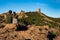 Young couple from behind sitting and watching Roque Nublo, symbolic natural monument of Gran Canaria. Summer sunny day blue skies