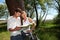 Young couple on a bike ride checking map