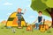 Young couple in camping. Woman waving hand, man cooking sausages on campfire. Nature landscape. Flat vector design