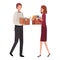 Young couple with cardboard box avatar character